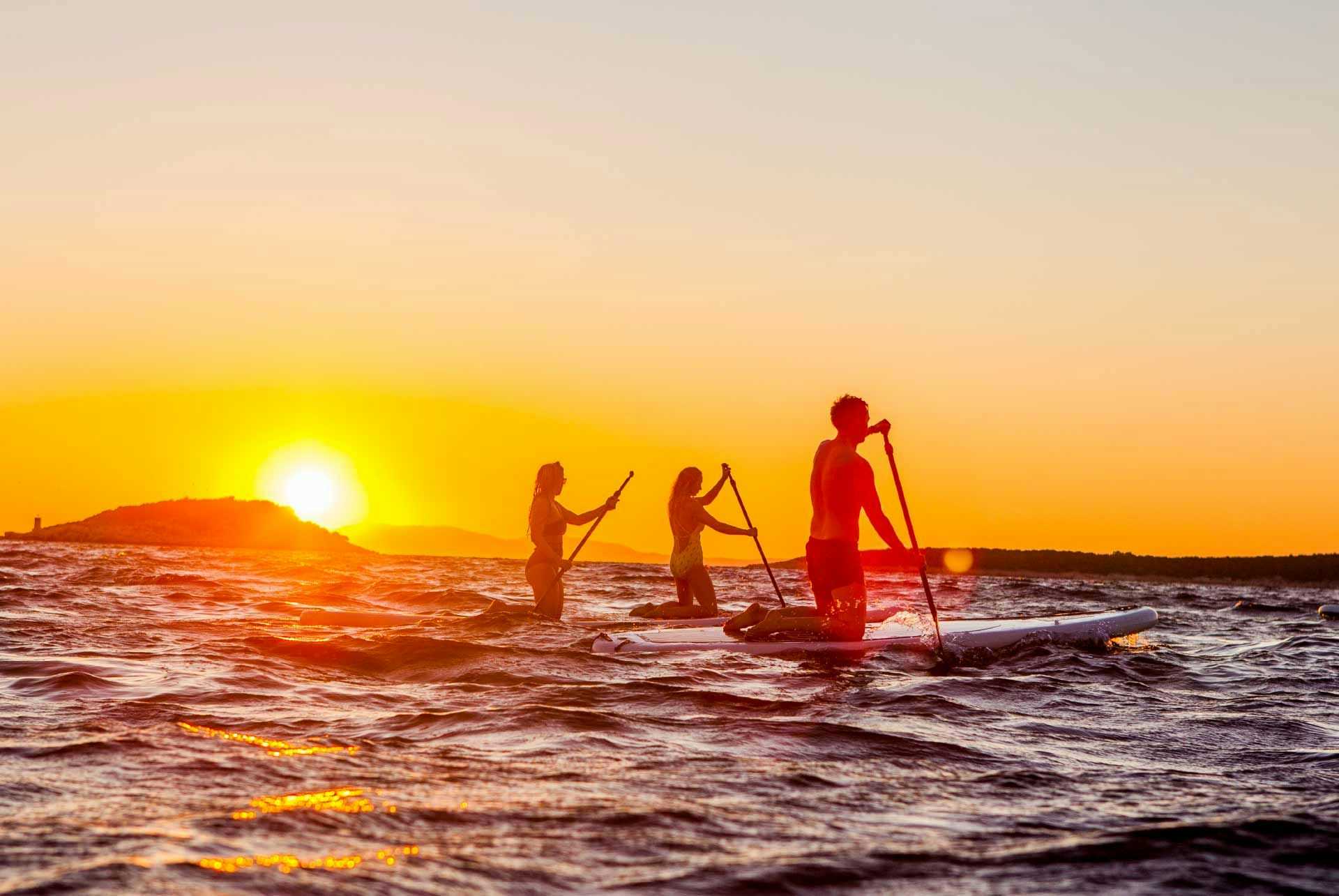 Group of people paddle boarding at sunset