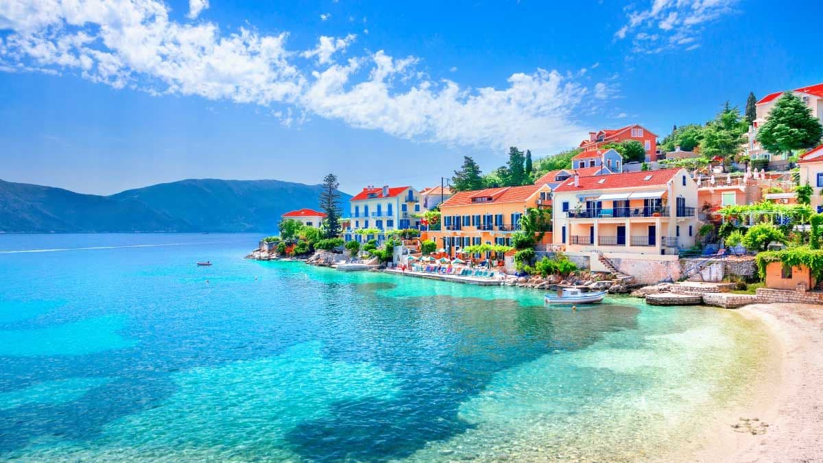 Houses on the waterfront of Fiskardo town in Greece