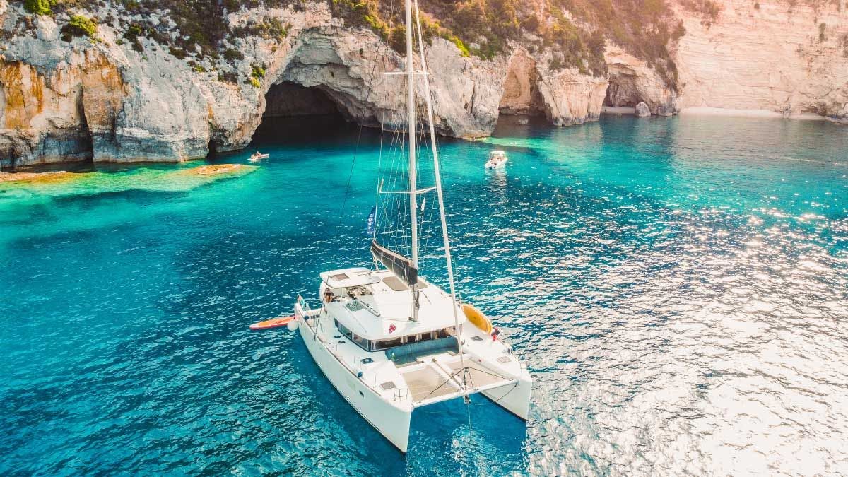 Yacht Getaways catamaran anchored in beautiful bay in Kefalonia
