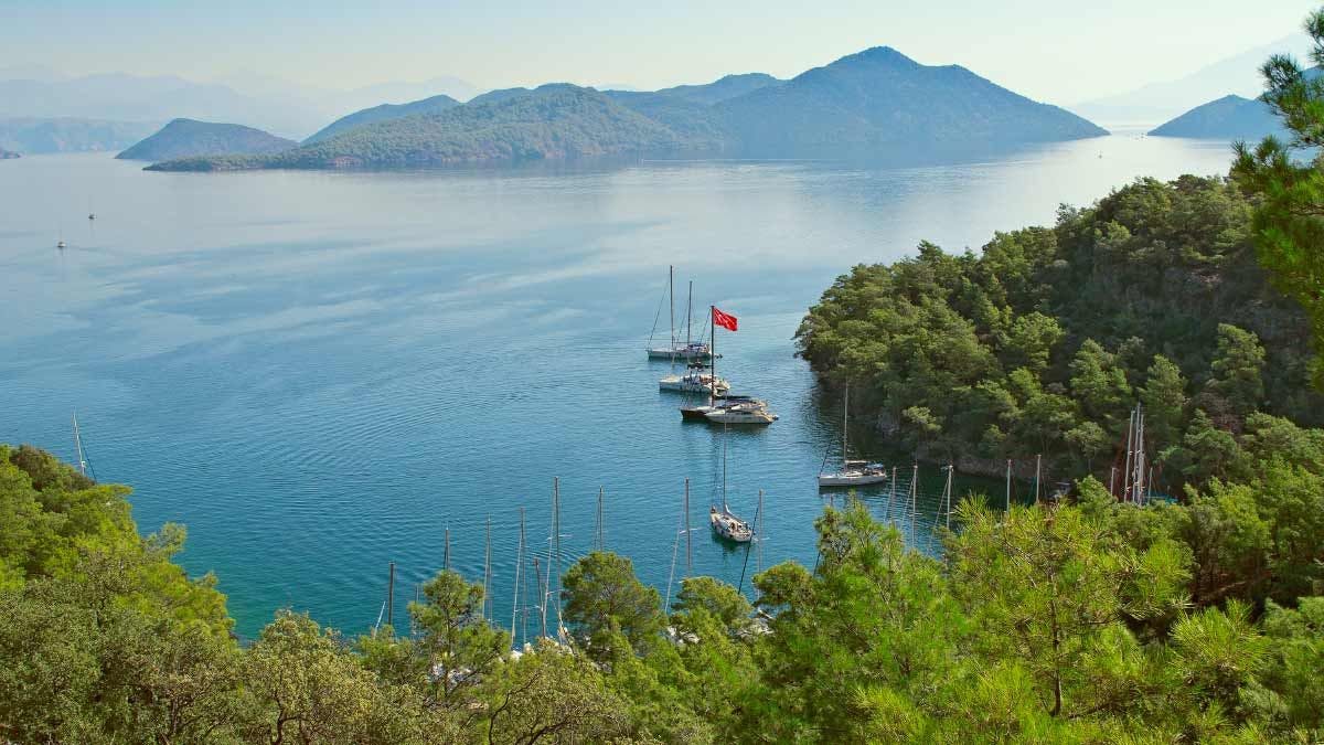 Yachts anchored in Tomb Bay in Turkey
