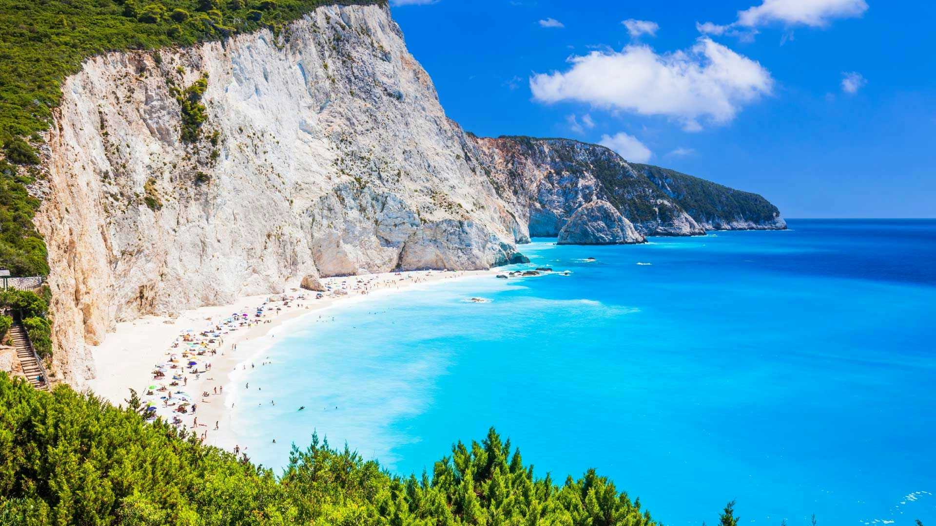 View of stunning blue water at beach in Lefkada Greece