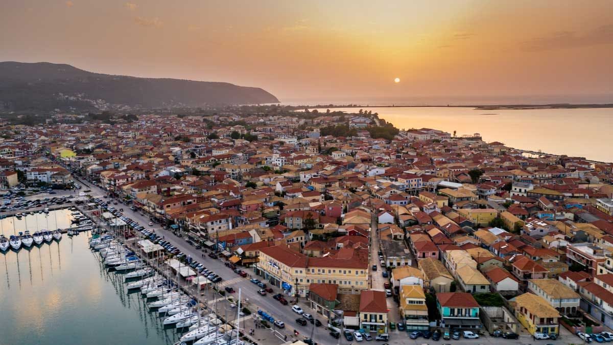Aerial view of Lefkada town at sunset