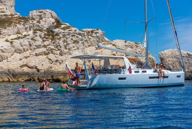 Premier yacht anchored in a bay in Croatia